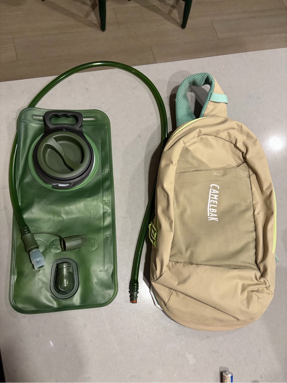 CamelBak Tan Hydration Backpack with Green Water Reservoir